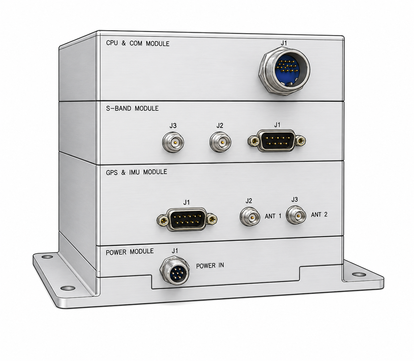 Stacked electronic modules labeled CPU, S-Band, GPS & IMU, and Power, with multiple connectors