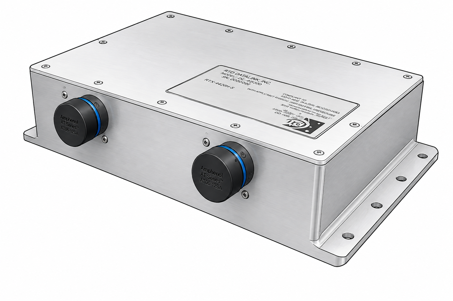 Metallic rectangular electronic enclosure with two circular connectors labeled "Amphenol AT Series AT-06-12SA"