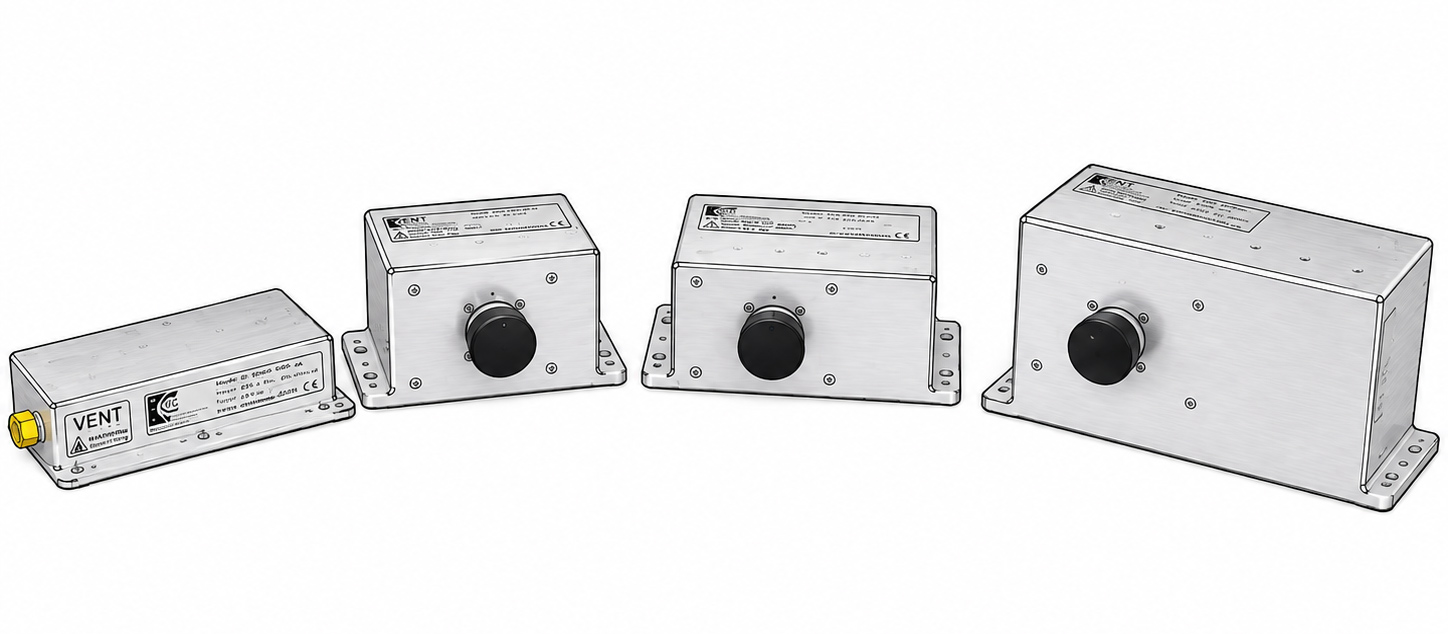 Four industrial metal boxes with control knobs, labeled "VENT," placed side by side against a white background