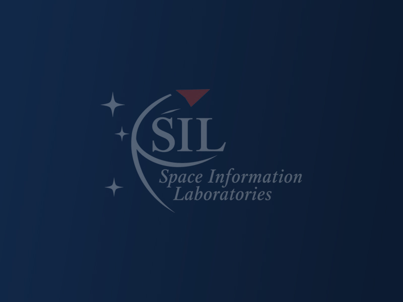 SIL logo with text "Space Information Laboratories" on a dark blue background, featuring stars and a red arrow